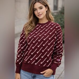 Champion Reverse Weave All-Over Logo Sweatshirt Burgundy XS‎